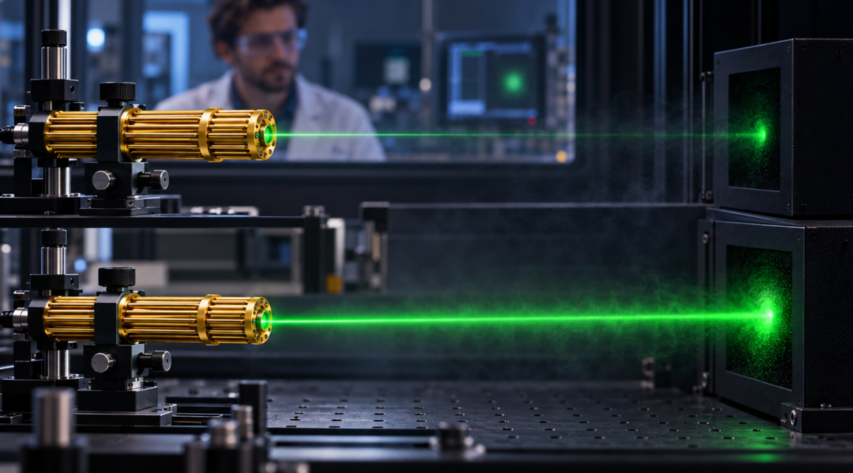 What makes a strong laser pointer more visible than a low-power one?