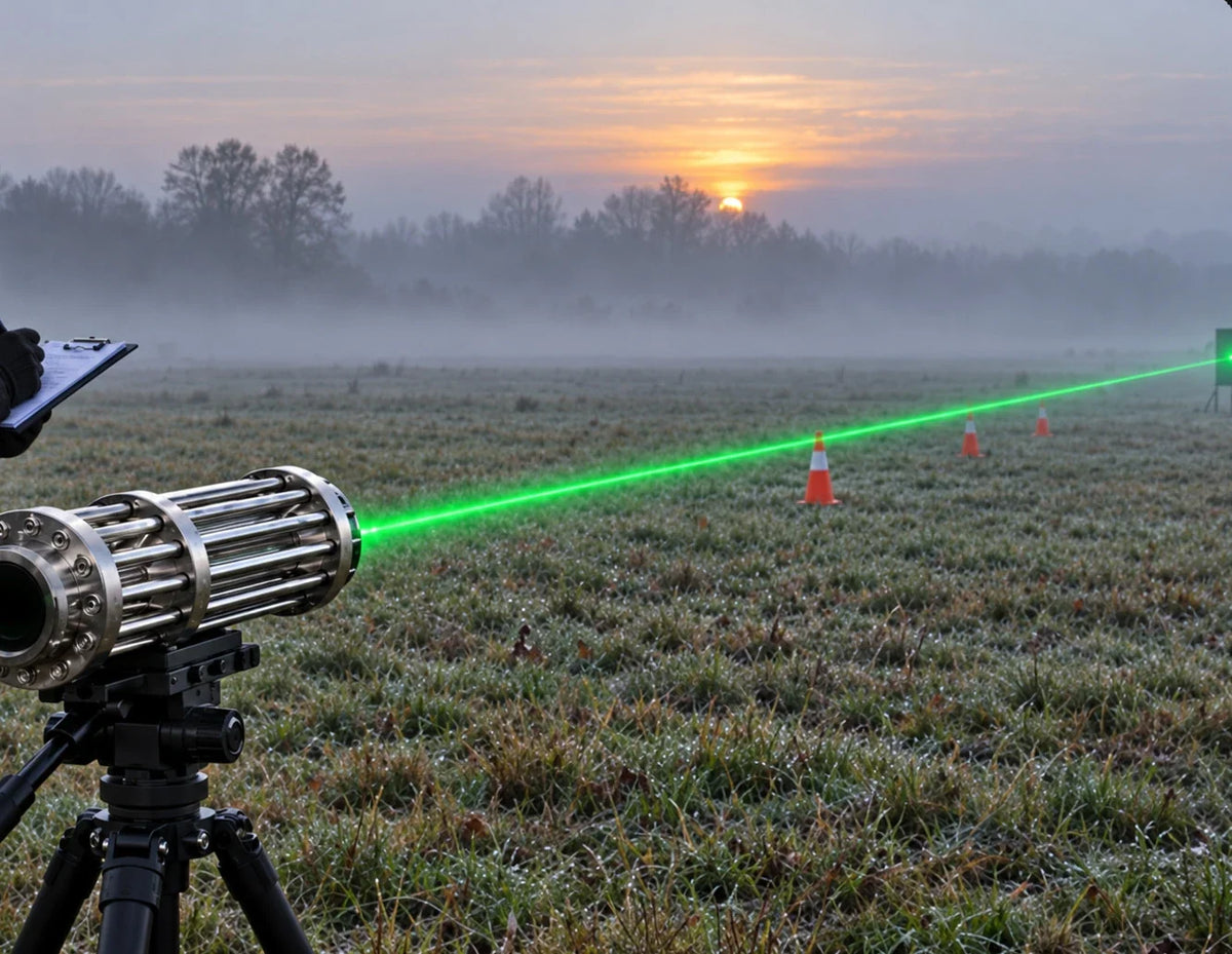 Green laser pointer beam across a misty outdoor field at sunrise