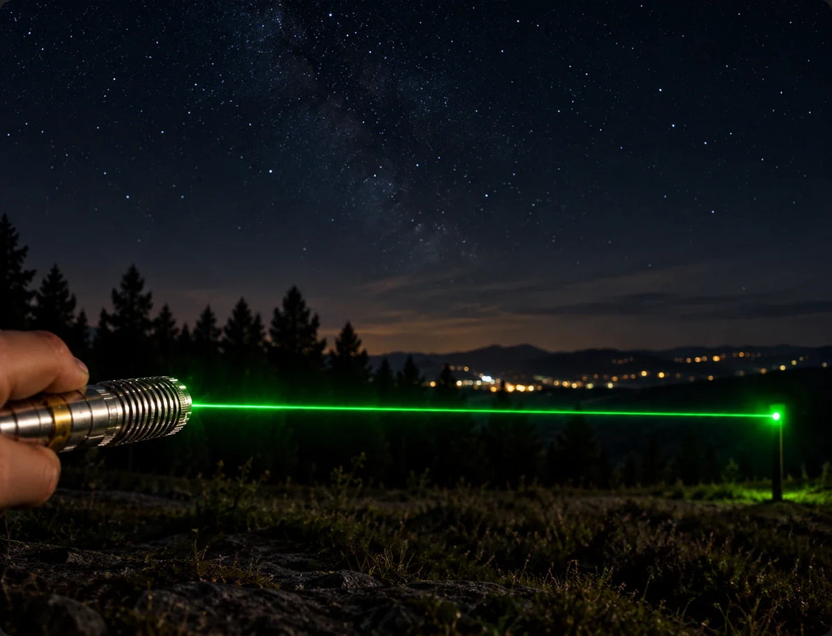 Green laser pointer beam visible across a field under a starry night sky