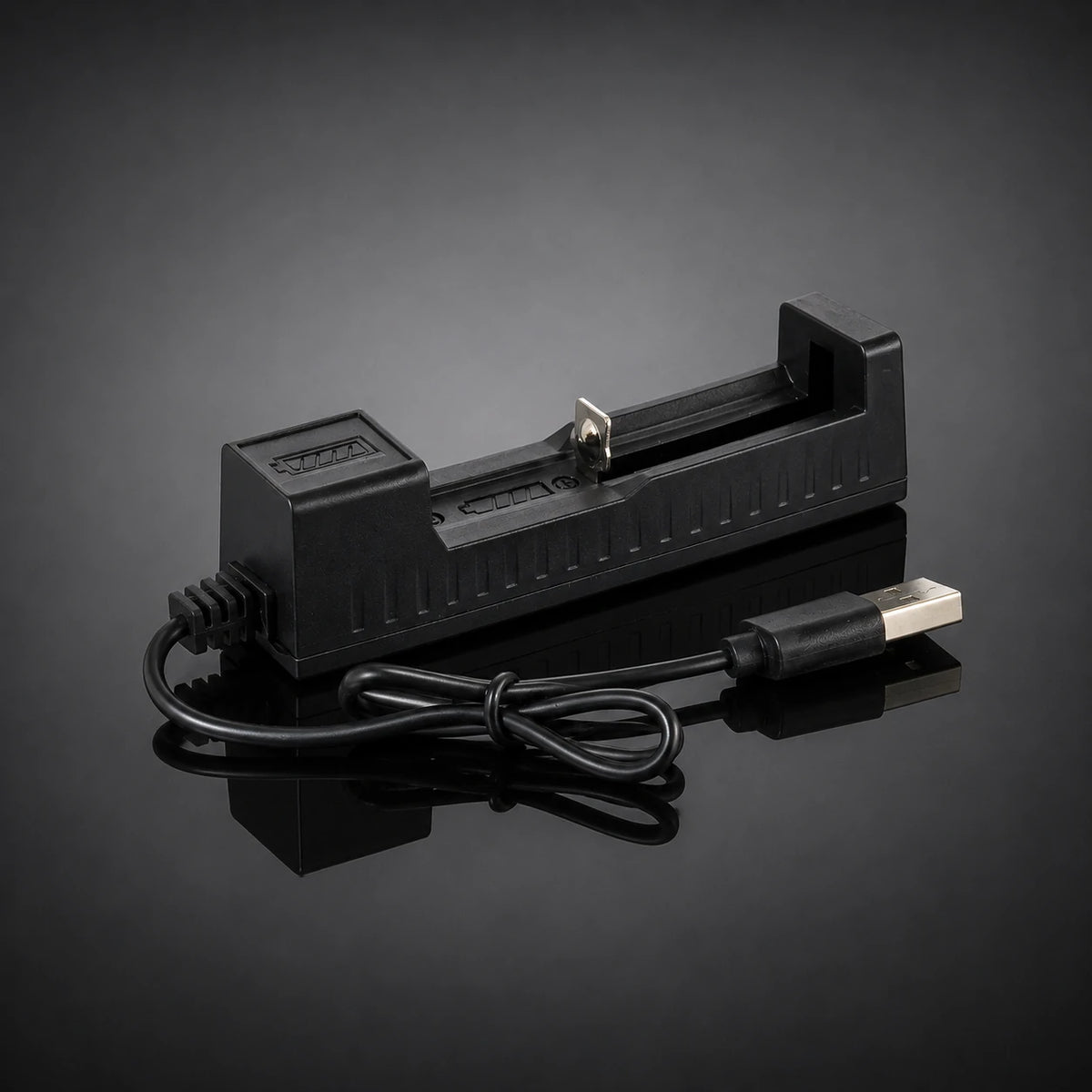 HG-18650 USB Battery Charger - side view with cable