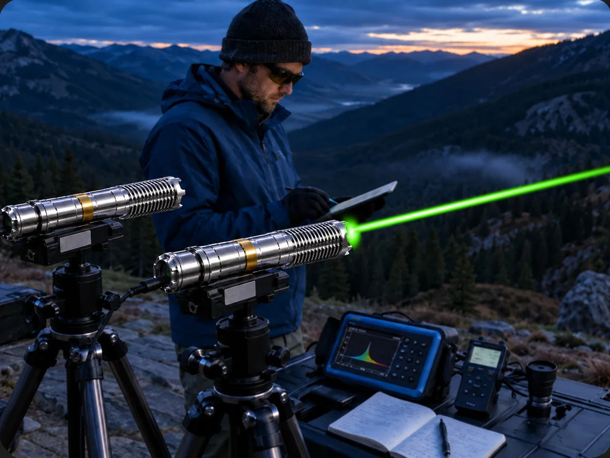Green laser pointers on tripods with outdoor testing equipment in a mountain landscape