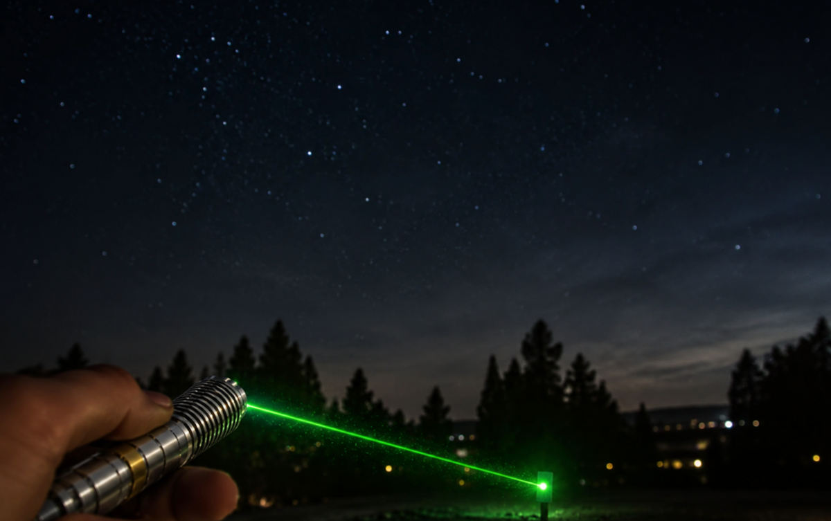 Why is a green laser pointer beam so visible at night?
