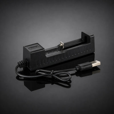HG-18650 USB Battery Charger - side view with cable